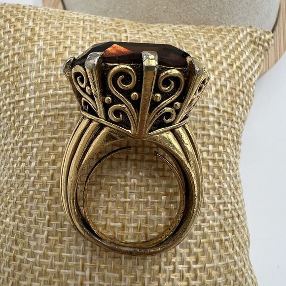 RARE CROWN TRIFARI GOLD PLATED Smoky Quartz Glass Crystal RING Size 6.25 Massive - Picture 1 of 15